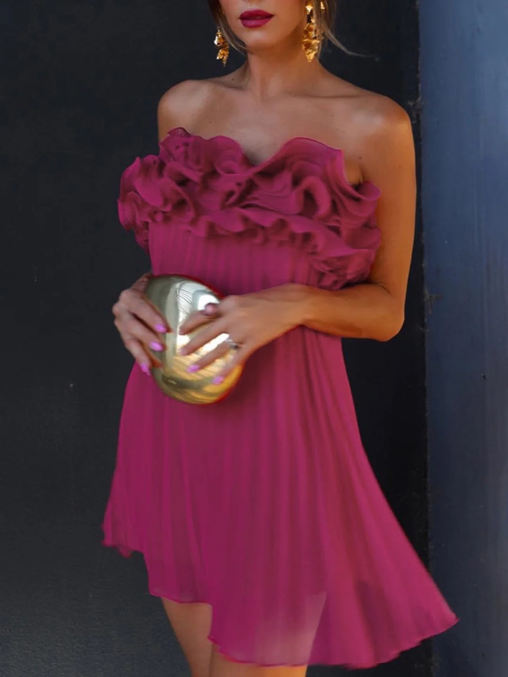 Commense Fuchsia Pleated Chiffon Strapless Rosette Mini Dress XL NWT